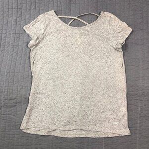 Audi T Shirt Women Medium Tan Heather Linen Blend Swing Criss Cross Comfort